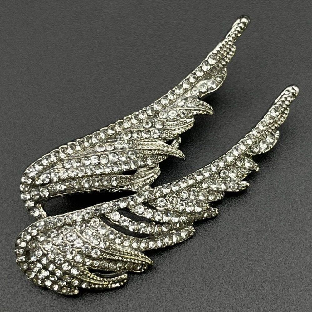Silver with White Diamond Crystal Guardian Angel Wing Pin Back Brooch